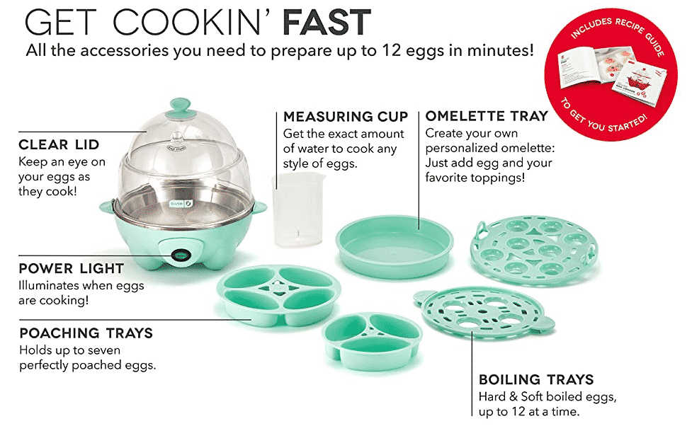 The different functions that can be found in the dash deluxe rapid egg cooker