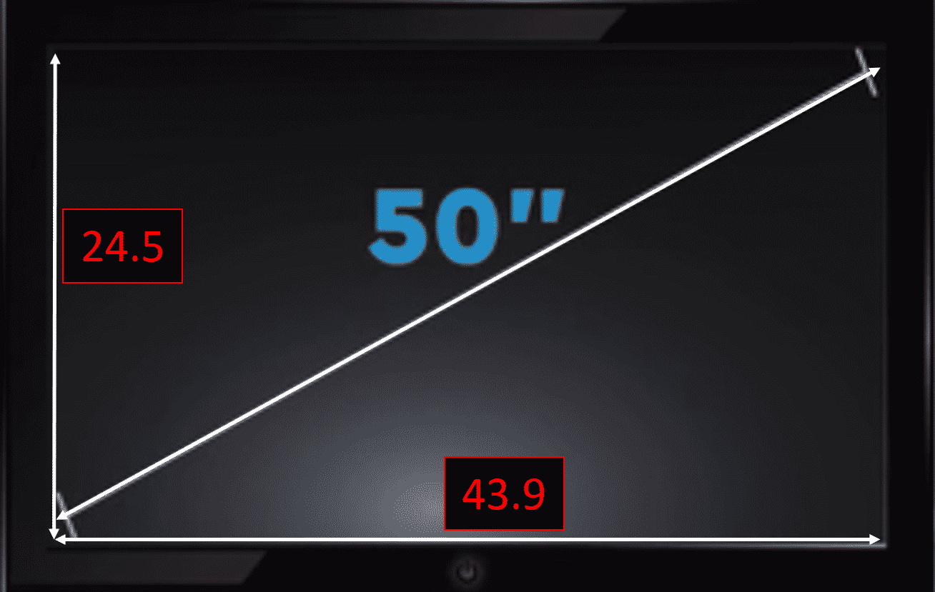 A description of what I man by inches being diagonally shown on the TV, to help you understand that a 50 inch screen means that it will be 43.9 inches high and 24.5 inches wide